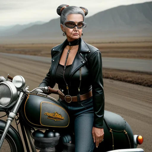 a woman in a leather outfit sitting on a motorcycle in the desert with a mountain in the background and a dirt road, by Kent Monkman