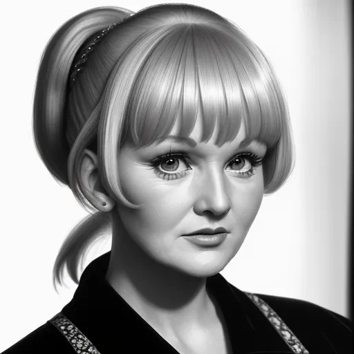 a black and white photo of a woman with a ponytail and a bow in her hair and a black shirt, by Hanna-Barbera