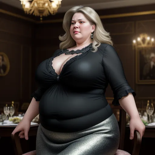 a woman in a black top and silver skirt posing for a picture in a fancy restaurant setting with a chandelier, by Botero
