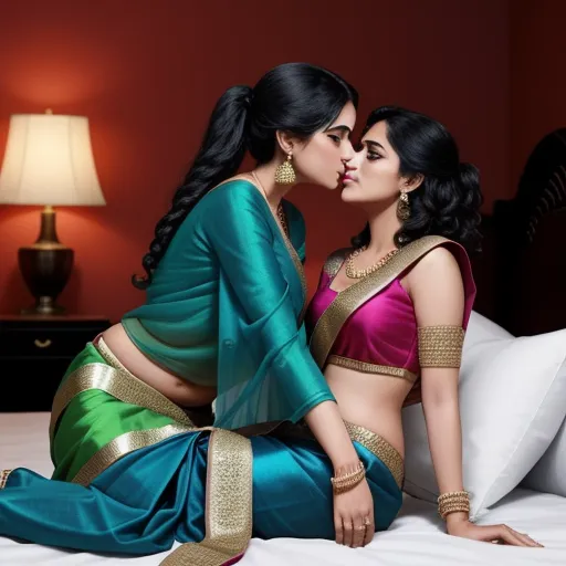 ai image creator from text - two women in sari sitting on a bed kissing each other with a lamp on the side of the bed, by Raja Ravi Varma