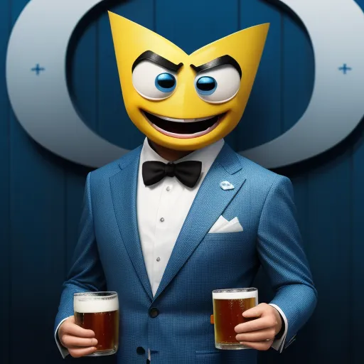 a man in a suit holding two beer glasses in front of a wall with a q sign behind him, by Pixar