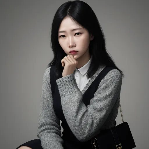 a woman with a black purse and a gray sweater and black pants and a white shirt and a black and white purse, by Chen Daofu