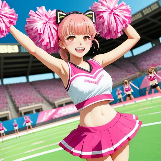 a girl in a cheerleader outfit is posing for a picture in a stadium with cheerleaders in the background, by Taiyō Matsumoto