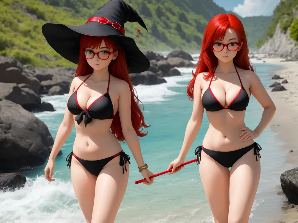 ai text to picture - two women in bikinis and hats walking on the beach with a dog in tow behind them, both wearing glasses and a hat, by Studio Ghibli