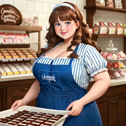 a woman in a blue apron holding a tray of chocolates in a bakery shop with a shelf of cookies behind her, by NHK Animation