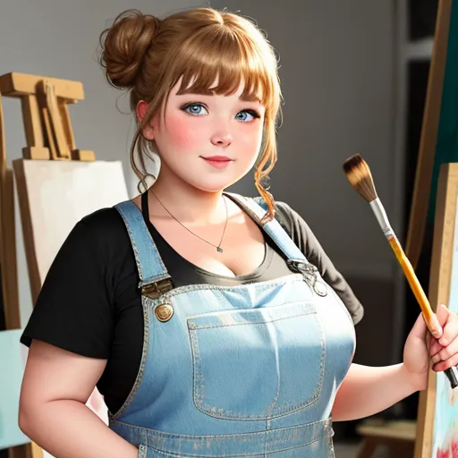 ai image editor - a woman with a brush and a painting on a easel in front of a easel with a painting on it, by Lois van Baarle