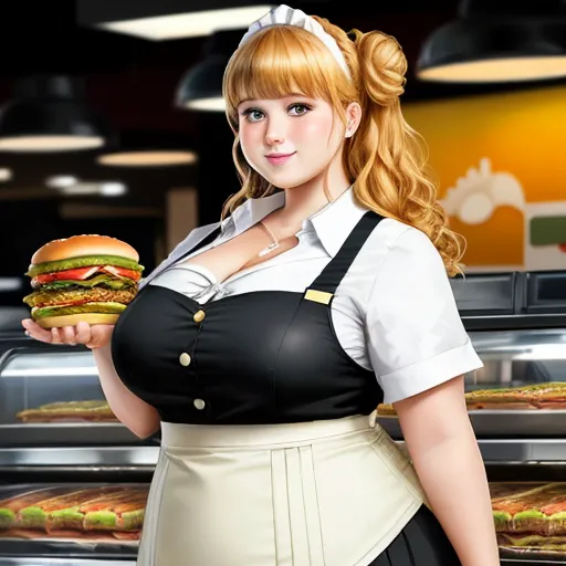 a woman in a waitress outfit holding a hamburger in front of a display of hamburgers in a deli, by Botero