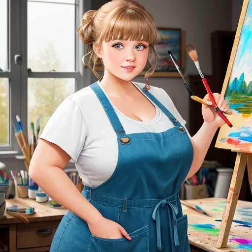 free ai photo enhancer software - a woman in an apron holding a paintbrush and a palette of paint in her hand while standing in front of a easel, by Botero