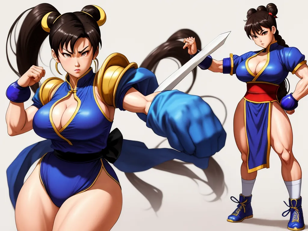 low quality picture - a woman in a blue outfit holding a knife and a sword in her hand and another woman in a blue outfit with a yellow top, by theCHAMBA