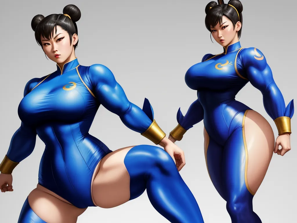 a woman in a blue body suit with gold accents and a ponytail is posing for a picture in a pose, by theCHAMBA