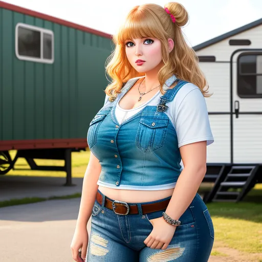 a woman in a blue jean overalls and a white shirt is standing in front of a trailer and a green trailer, by Sailor Moon