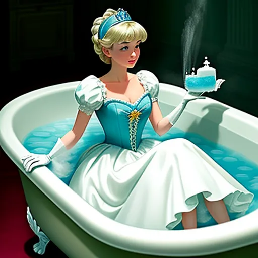 what is high resolution photo - a woman in a blue dress sitting in a bathtub with a cake in it's hand and a teapot in the background, by NHK Animation