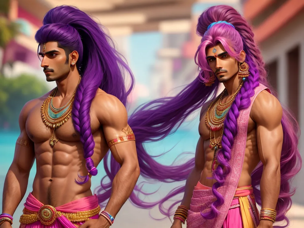 low quality image - a man with long purple hair and a purple wig with a pink sash on his chest and a man with long purple hair, by Lois van Baarle