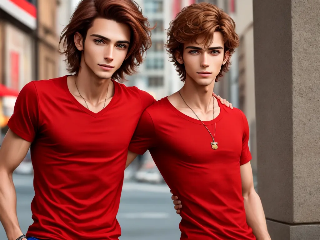 two young men in red shirts standing next to each other on a city street with buildings in the background, by Hendrik van Steenwijk I