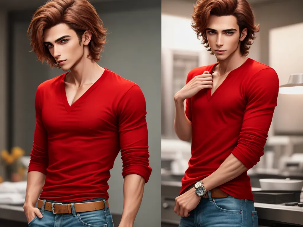 a man in a red shirt and jeans posing for a picture in a kitchen with a sink and counter, by Lois van Baarle