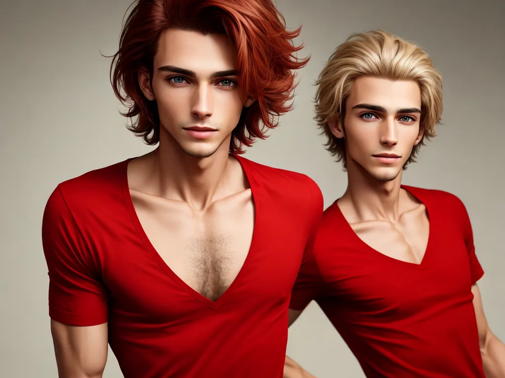 two young men with red hair and blue eyes are posing for a picture together, one of them is wearing a red shirt, by Sailor Moon