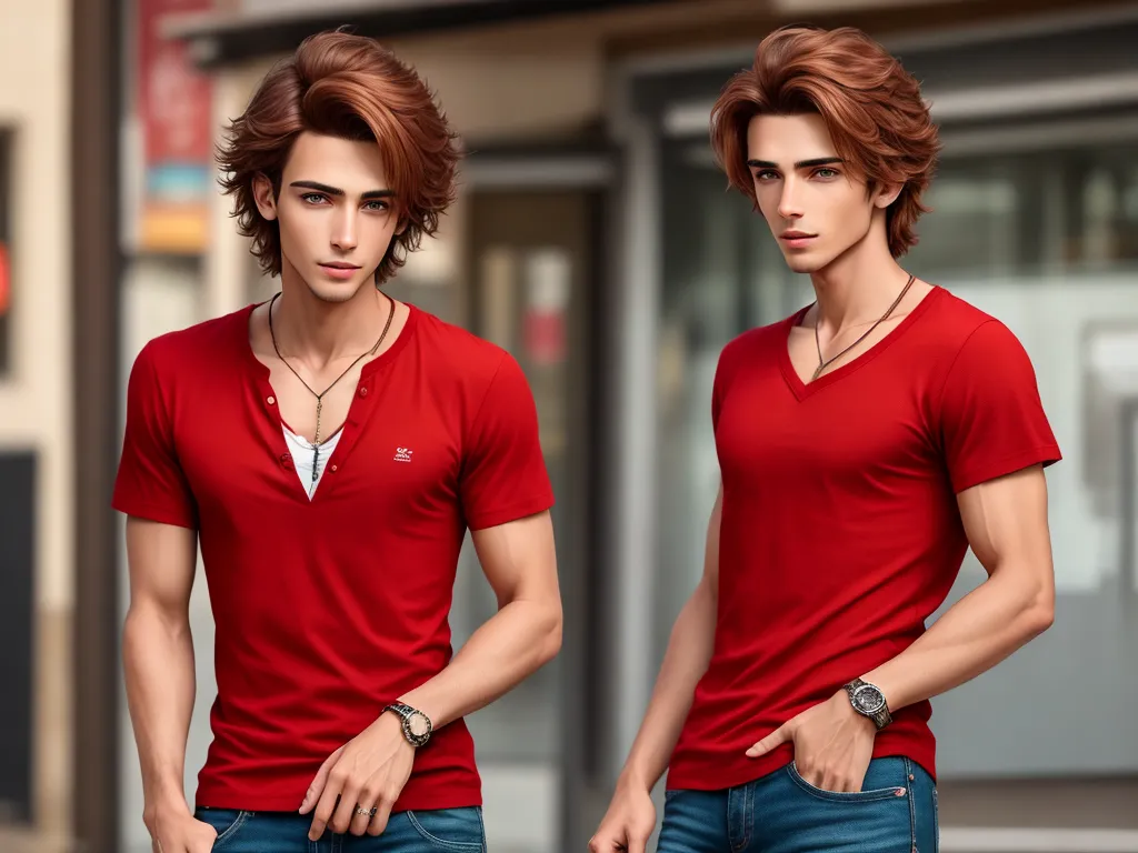 convert photo into 4k - a man in a red shirt and a man in a blue jeans are standing in front of a building, by Hendrik van Steenwijk I