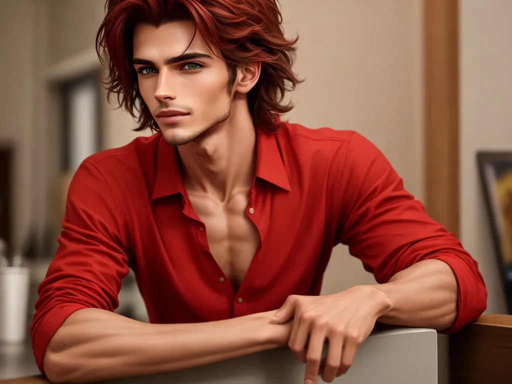 a man with red hair leaning on a table with his arms crossed and his shirt rolled over his chest, by Lois van Baarle