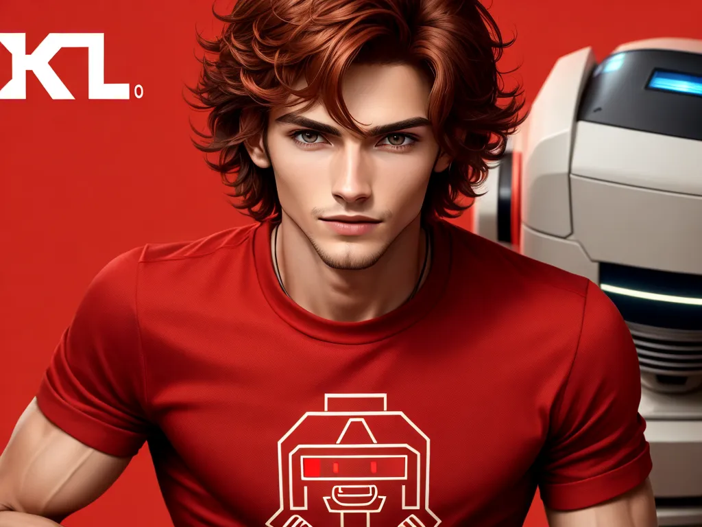 convert photo to 4k online - a man in a red shirt next to a robot and a red background with the words okl on it, by Edward Sorel