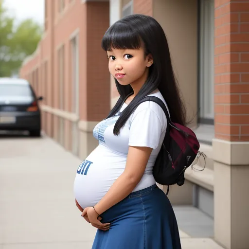 convert photo to 4k quality - a pregnant woman standing on a sidewalk with a backpack on her back and a car parked in the background, by Naomi Okubo