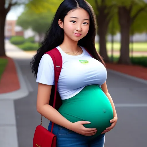 ai text to image generator - a woman holding a pregnant belly in a street with trees in the background and a red purse on her hip, by Chen Daofu
