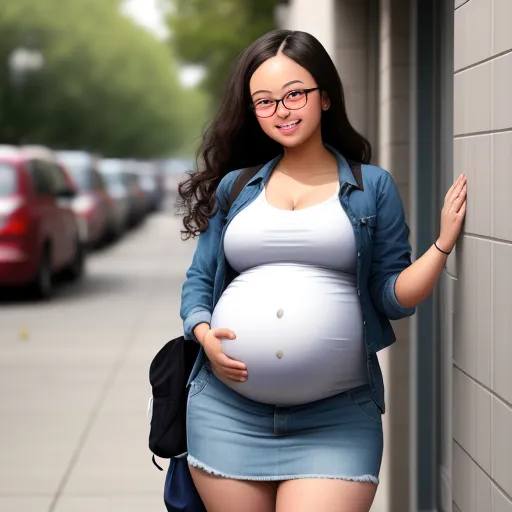 what is high resolution photo - a pregnant woman is standing next to a wall and holding a large belly in her hands and smiling at the camera, by Junji Ito