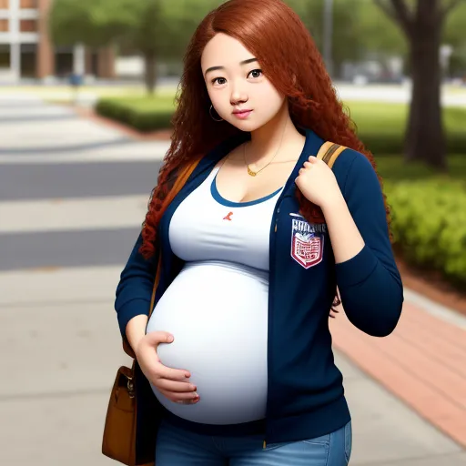 a pregnant woman is holding a large white ball in her hand and a brown purse is on her shoulder, by Chen Daofu
