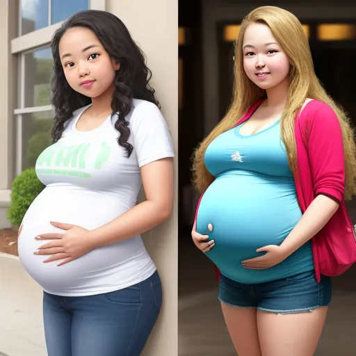 hd images - a pregnant woman and a pregnant woman standing next to each other in front of a building with a window, by Chen Daofu