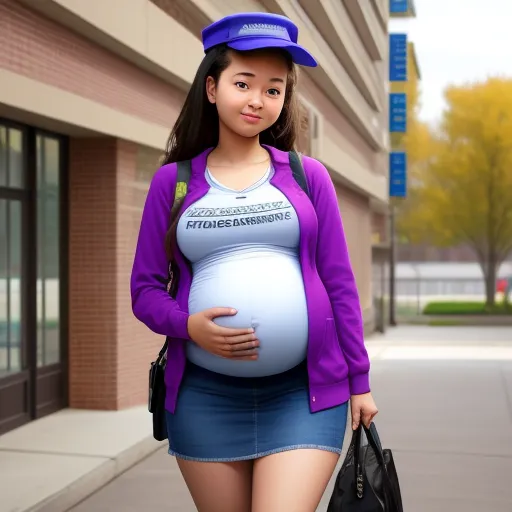 a pregnant woman in a purple shirt and blue skirt is holding a black purse and walking down the street, by Hirohiko Araki