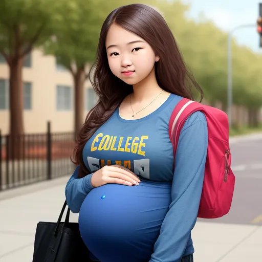 free ai text to image - a pregnant woman with a backpack and a backpack on her back is standing on the sidewalk in front of a building, by Botero