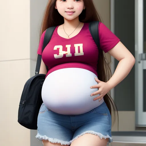 change picture resolution - a pregnant woman in a red shirt and denim shorts is holding a white ball in her hand and a black backpack, by Terada Katsuya