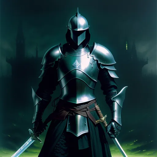 a knight in a full armor holding two swords in his hand and a castle in the background with a green glow, by Heinrich Danioth