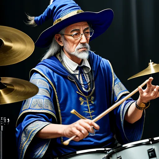 a man in a blue outfit playing drums on stage with a hat on his head and a blue robe on, by Hayao Miyazaki