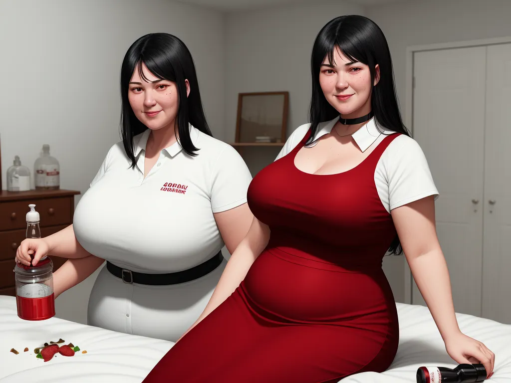 ai image generator from text - two women in red dresses sitting on a bed with a bottle of wine in each hand and a bottle of wine in the other hand, by Terada Katsuya