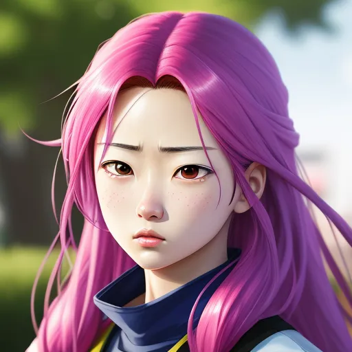 generate picture from text - a girl with pink hair and a blue shirt is looking at the camera with a serious look on her face, by Akira Toriyama