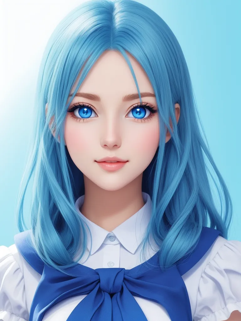 ai text image - a blue haired girl with long hair and a bow tie on her head, wearing a white shirt and blue bow tie, by Akira Toriyama