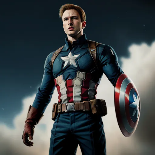 a man in a captain america suit holding a shield in his hands and looking at the camera with a cloudy sky behind him, by François Quesnel