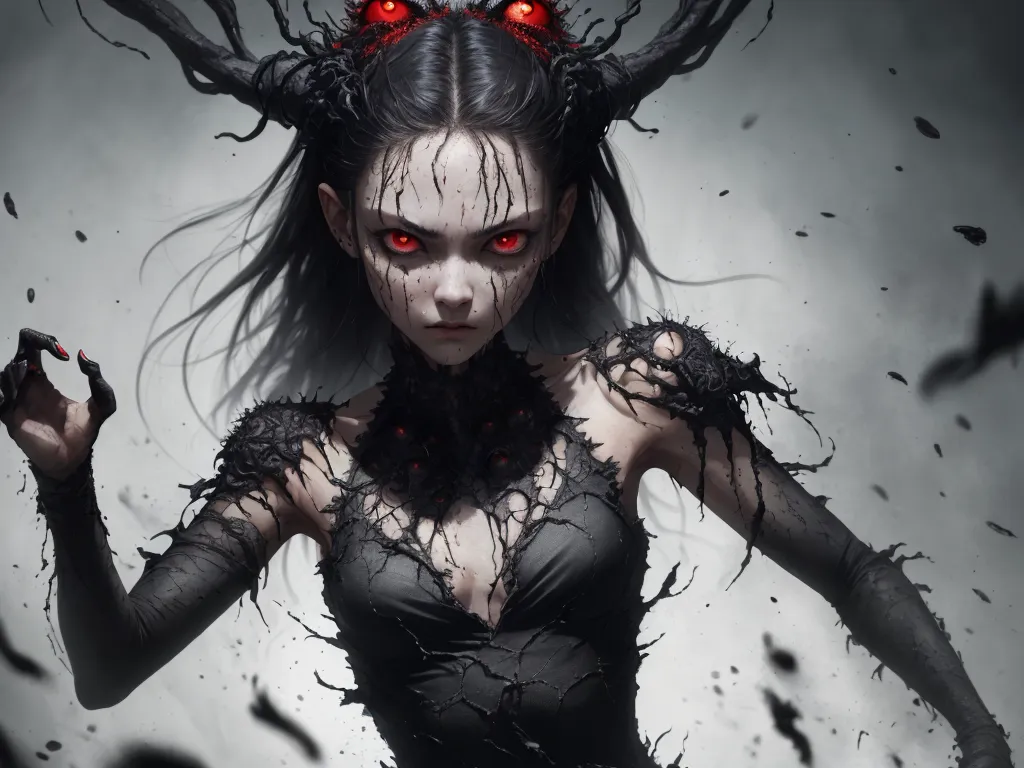 ai text to image generator - a woman with red eyes and horns holding a cigarette in her hand and a demon like outfit on her shoulders, by Ryohei Hase