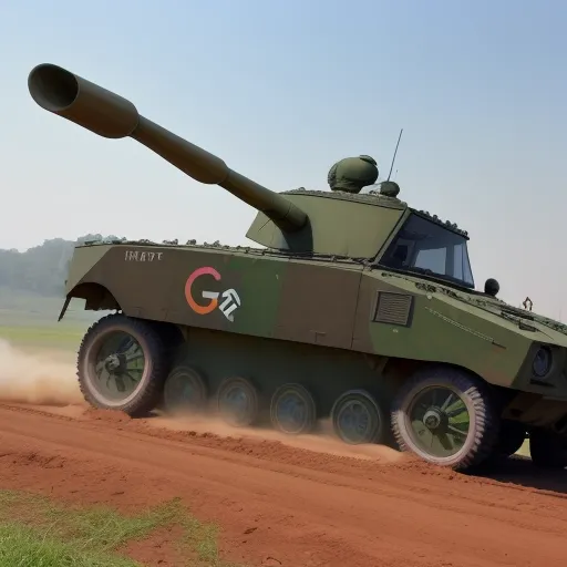 free online ai image generator from text - a military tank driving down a dirt road with a sky background and a person standing on the side of the tank, by Yoshiyuki Tomino