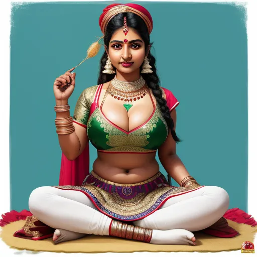 free online ai image generator from text - a woman in a green and gold outfit sitting on a rug with a feather in her hand and a feather in her hand, by Raja Ravi Varma