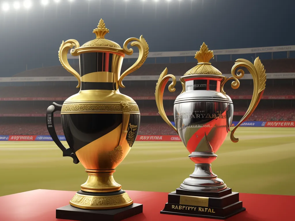 ai image generator text - two trophies on a red table in front of a stadium with a red carpet and a stadium stands in the background, by Hendrik van Steenwijk I