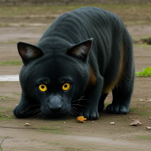 a black cat with yellow eyes is looking at something on the ground with grass and dirt in the background, by François Louis Thomas Francia