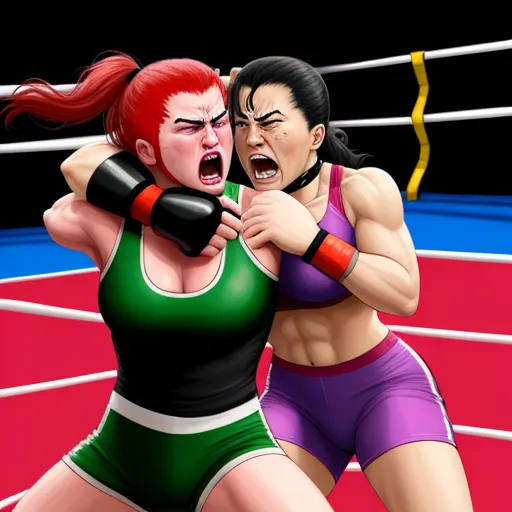 two women fighting in a ring with a referee in the background, one of them is wearing a green and purple outfit, by Gatōken Shunshi