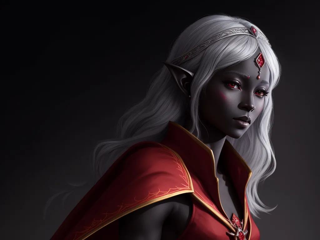 convert image: 1 solo female drow elf scholar, black skin, full