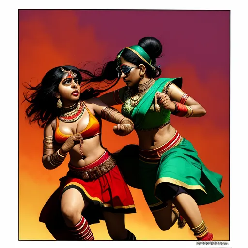 ai text to picture generator - two women in costume are dancing together in the air with their arms around each other and their heads tilted, by Raja Ravi Varma