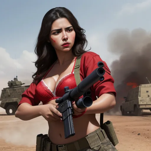 ai generated images from text - a woman in a bikini holding a gun in front of a tank and a tank behind her, with smoke billowing out of the back, by Hendrik van Steenwijk I