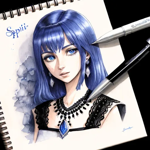 a drawing of a woman with blue hair and a pen on a notebook with a drawing of a woman, by Kentaro Miura