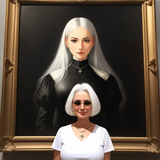 a woman standing in front of a painting of a woman with white hair and glasses on her face and a black background, by Cecilia Beaux