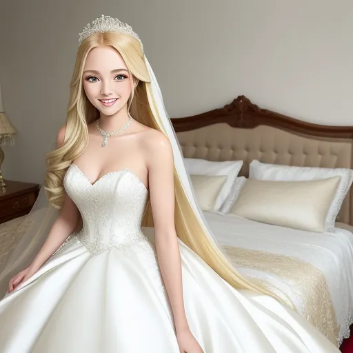 increase image size - a woman in a wedding dress posing for a picture in front of a bed with a white comforter, by Sailor Moon