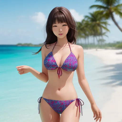 4k quality converter - a woman in a bikini standing on a beach next to the ocean and palm trees in the background,, by Terada Katsuya